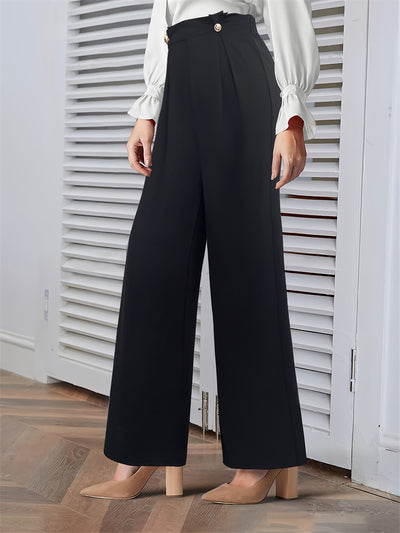 Solid Color Buttoned Decor Wide Leg Trousers Pants