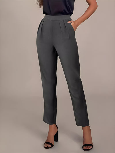 Solid Color Pleated Pocketed Work Office Cigarette Pants