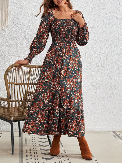 Square Neck Lantern Long Sleeve Floral Smocked Maxi Dress