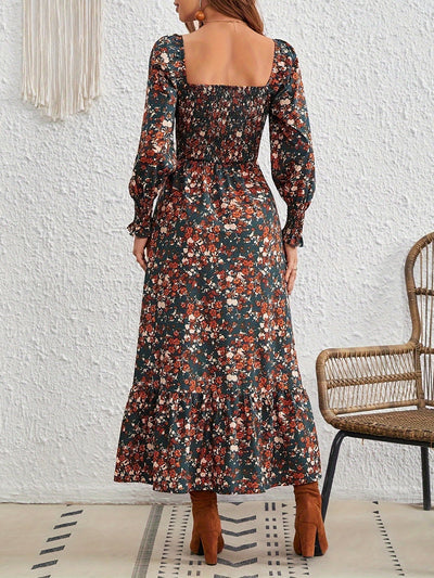 Square Neck Lantern Long Sleeve Floral Smocked Maxi Dress