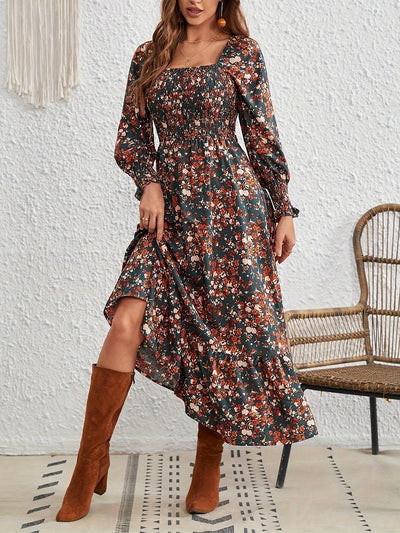 Square Neck Lantern Long Sleeve Floral Smocked Maxi Dress