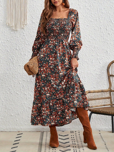 Square Neck Lantern Long Sleeve Floral Smocked Maxi Dress