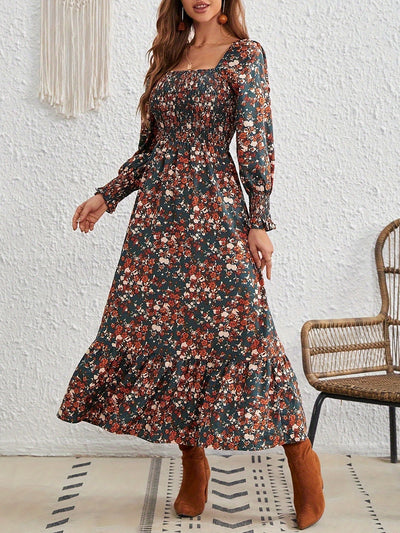 Square Neck Lantern Long Sleeve Floral Smocked Maxi Dress