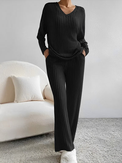 2 Pieces V Neck Long Sleeves Knit Tops & Straight Legs Pants Loungewear Set