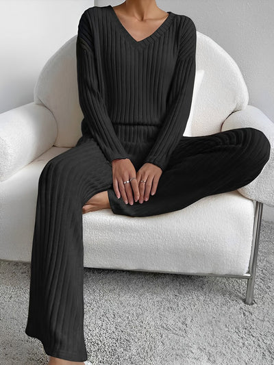 2 Pieces V Neck Long Sleeves Knit Tops & Straight Legs Pants Loungewear Set