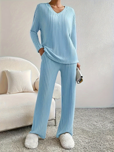 2 Pieces V Neck Long Sleeves Knit Tops & Straight Legs Pants Loungewear Set