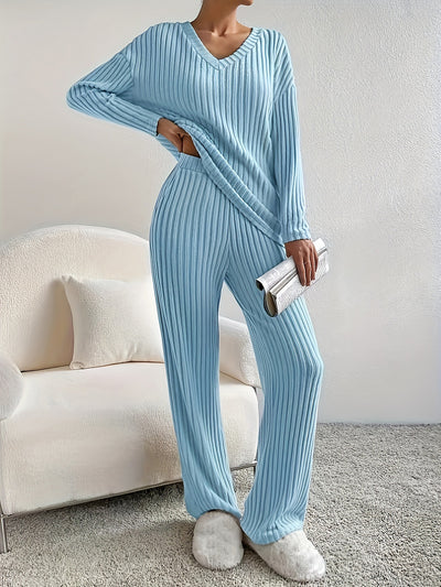 2 Pieces V Neck Long Sleeves Knit Tops & Straight Legs Pants Loungewear Set