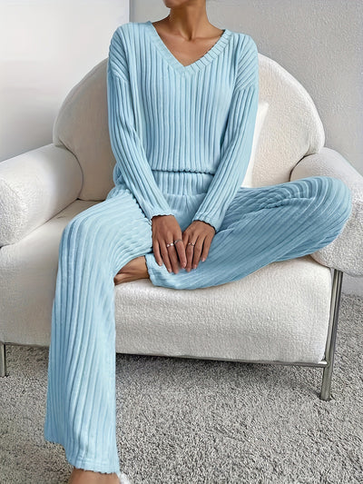 2 Pieces V Neck Long Sleeves Knit Tops & Straight Legs Pants Loungewear Set