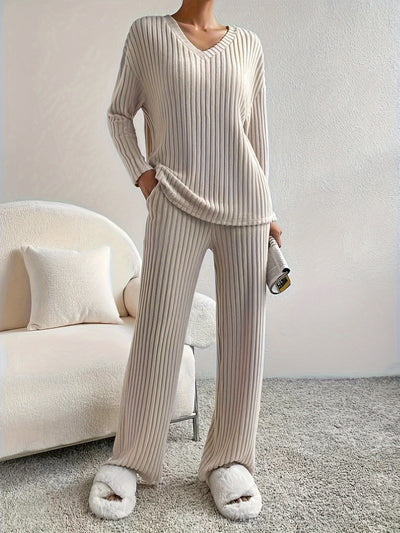 2 Pieces V Neck Long Sleeves Knit Tops & Straight Legs Pants Loungewear Set