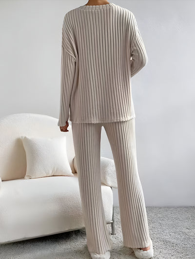 2 Pieces V Neck Long Sleeves Knit Tops & Straight Legs Pants Loungewear Set