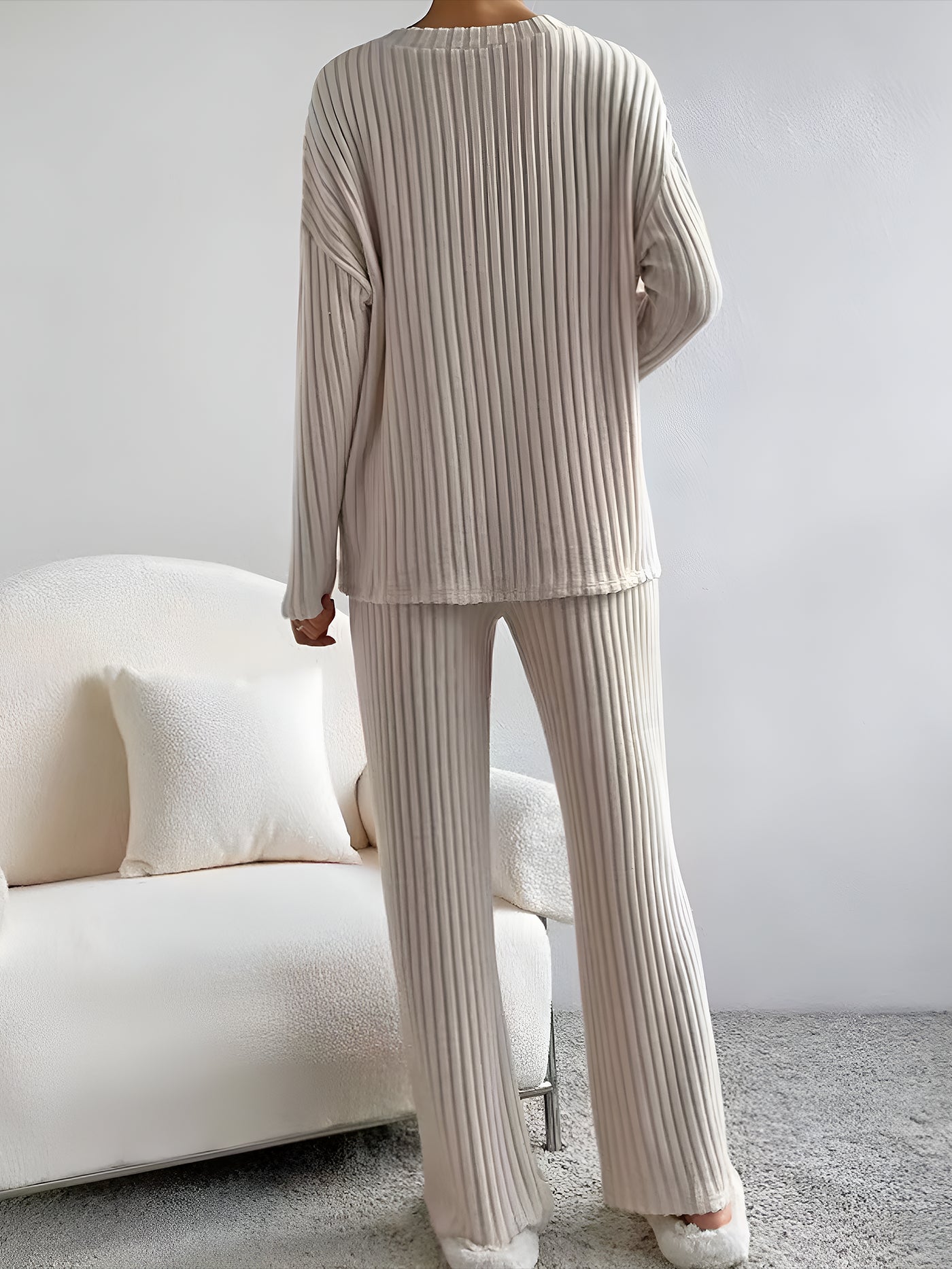 Allegra K 2 Pieces V Neck Long Sleeves Knit Tops & Straight Legs Pants Loungewear Set