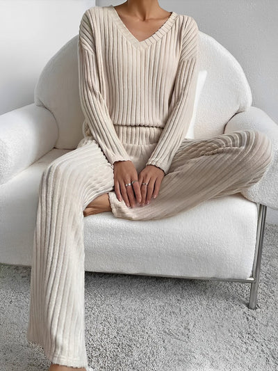 2 Pieces V Neck Long Sleeves Knit Tops & Straight Legs Pants Loungewear Set