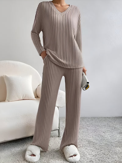 2 Pieces V Neck Long Sleeves Knit Tops & Straight Legs Pants Loungewear Set