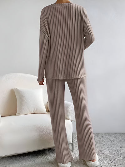 2 Pieces V Neck Long Sleeves Knit Tops & Straight Legs Pants Loungewear Set