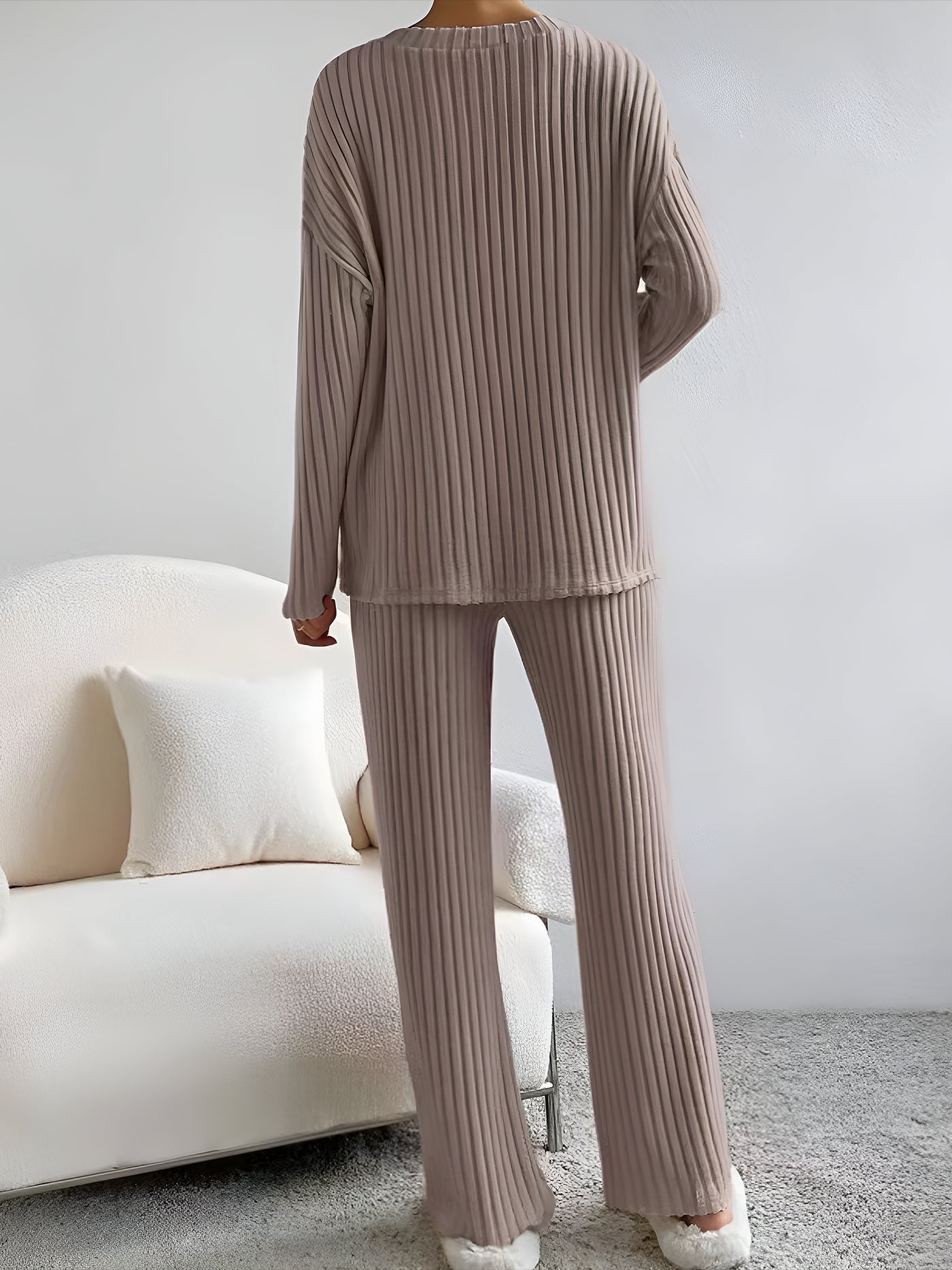 Allegra K 2 Pieces V Neck Long Sleeves Knit Tops & Straight Legs Pants Loungewear Set