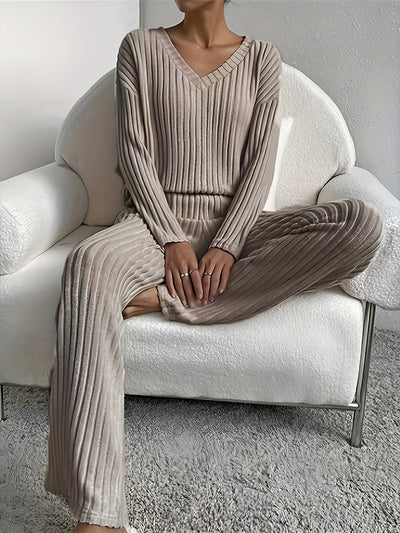 2 Pieces V Neck Long Sleeves Knit Tops & Straight Legs Pants Loungewear Set