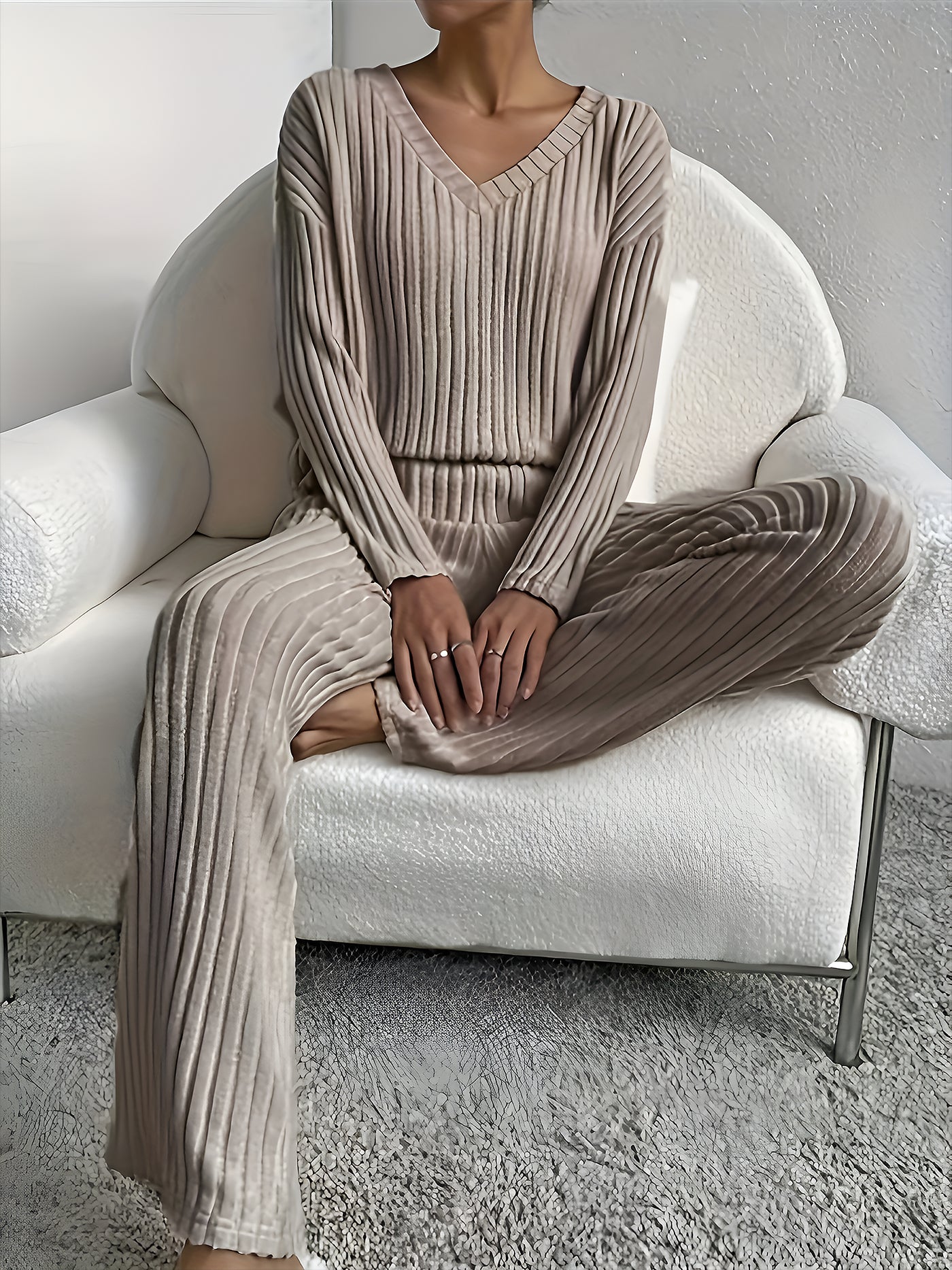 Allegra K 2 Pieces V Neck Long Sleeves Knit Tops & Straight Legs Pants Loungewear Set