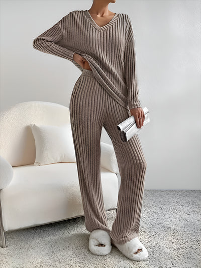 2 Pieces V Neck Long Sleeves Knit Tops & Straight Legs Pants Loungewear Set