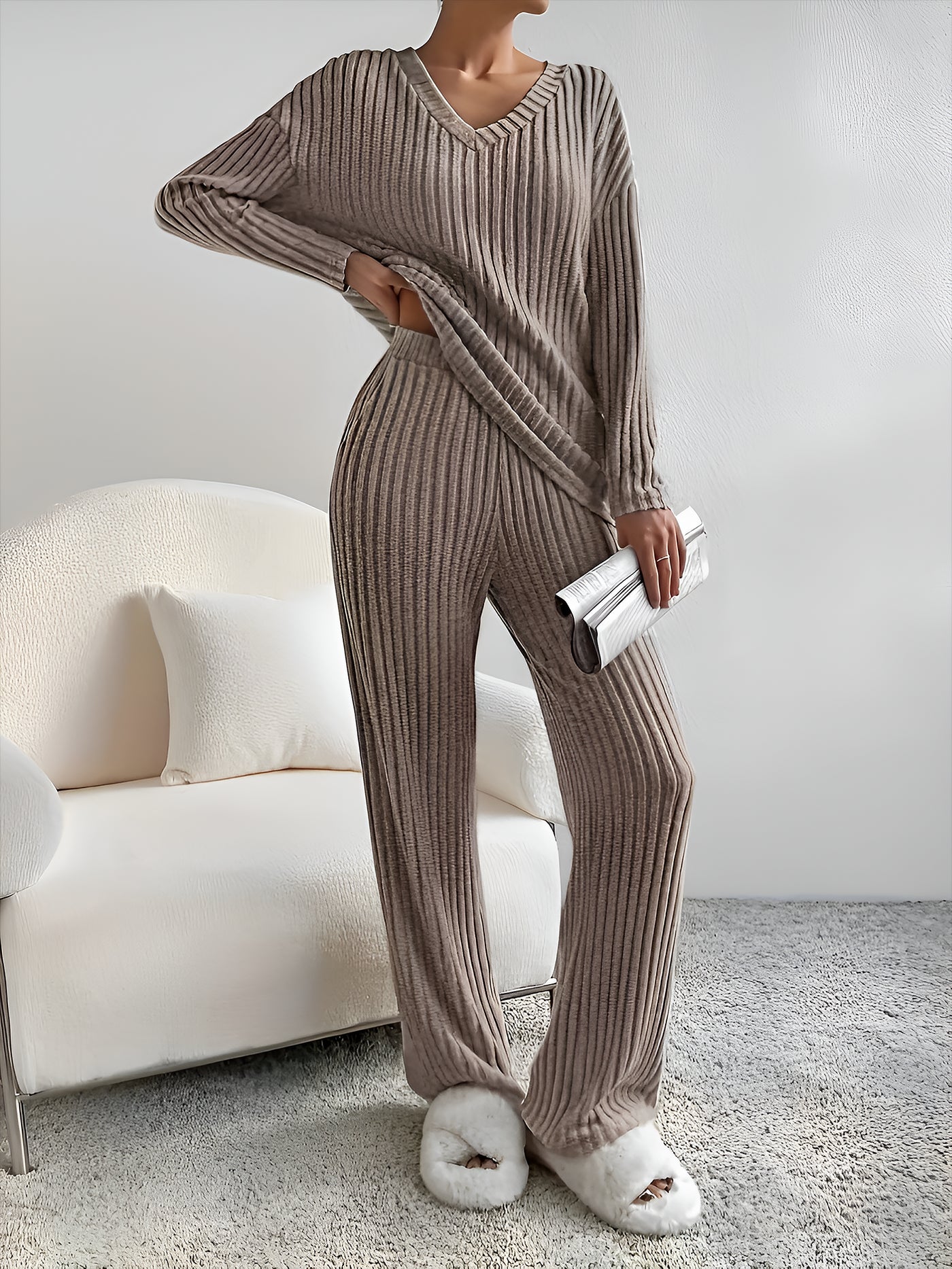 Allegra K 2 Pieces V Neck Long Sleeves Knit Tops & Straight Legs Pants Loungewear Set