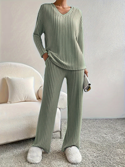 2 Pieces V Neck Long Sleeves Knit Tops & Straight Legs Pants Loungewear Set