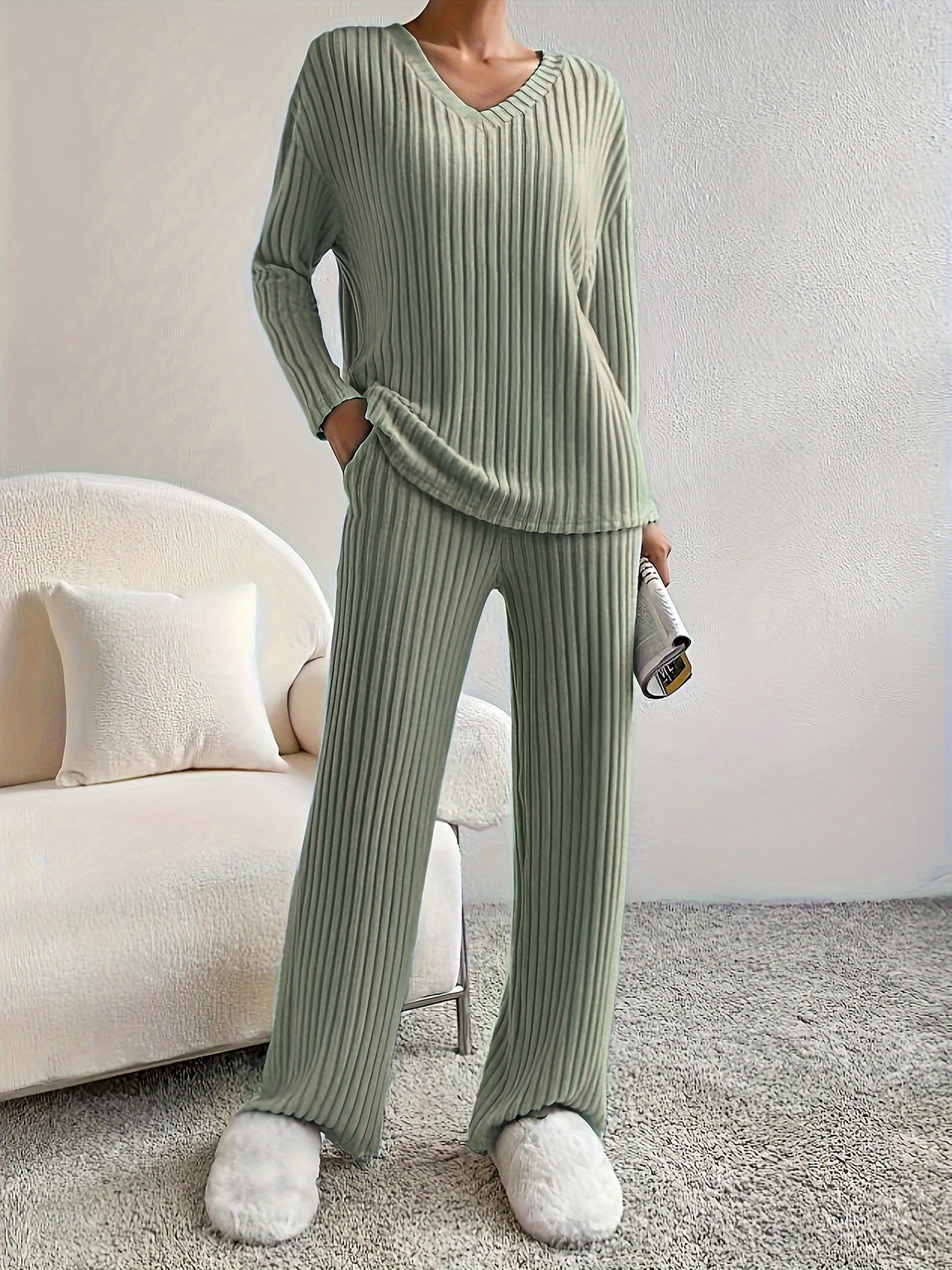 Allegra K 2 Pieces V Neck Long Sleeves Knit Tops & Straight Legs Pants Loungewear Set