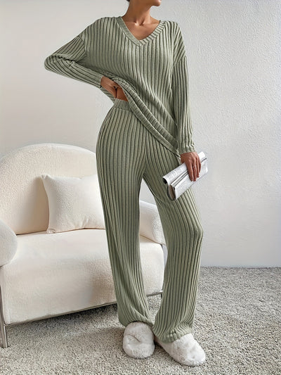 2 Pieces V Neck Long Sleeves Knit Tops & Straight Legs Pants Loungewear Set