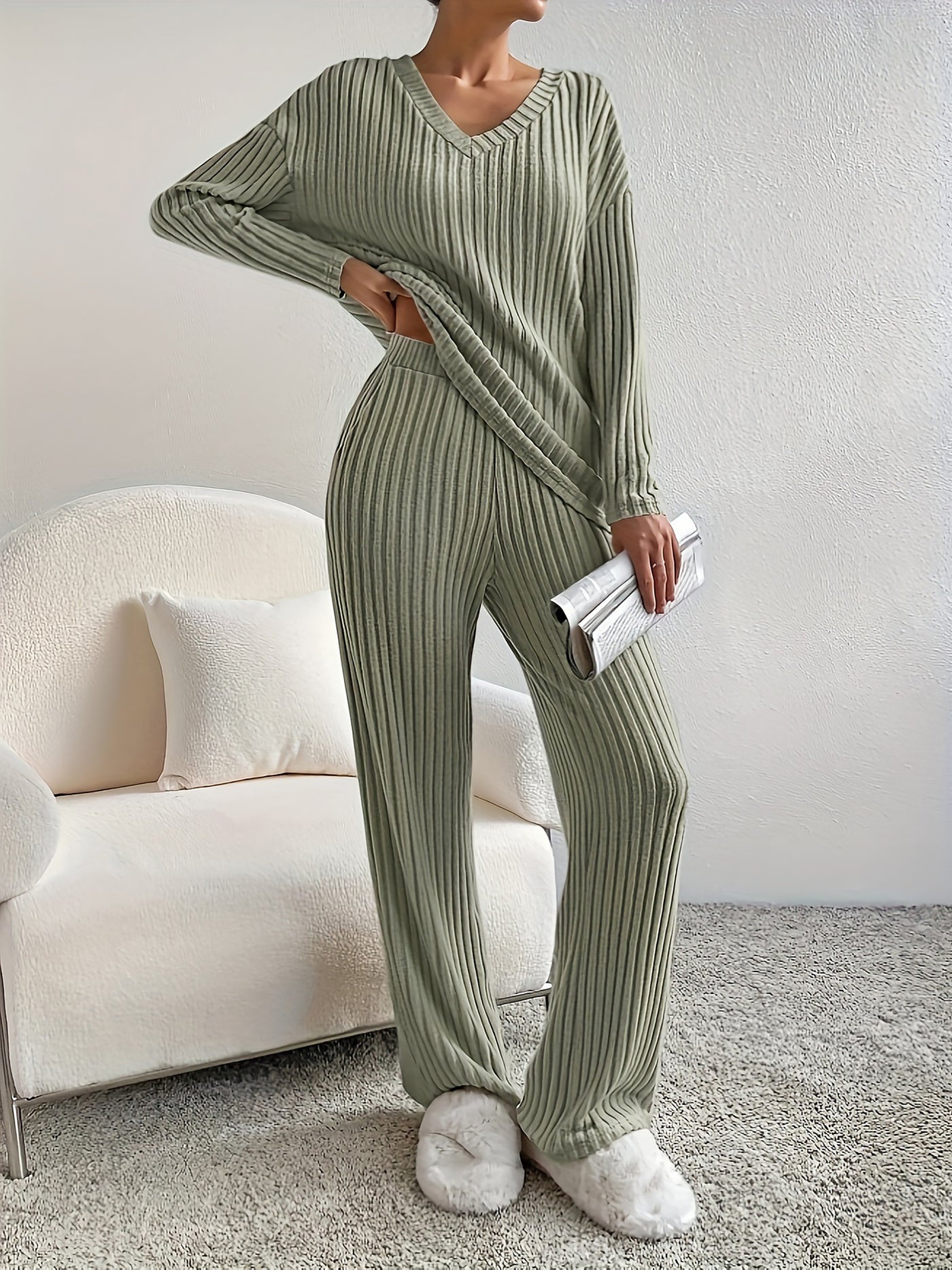 Allegra K 2 Pieces V Neck Long Sleeves Knit Tops & Straight Legs Pants Loungewear Set