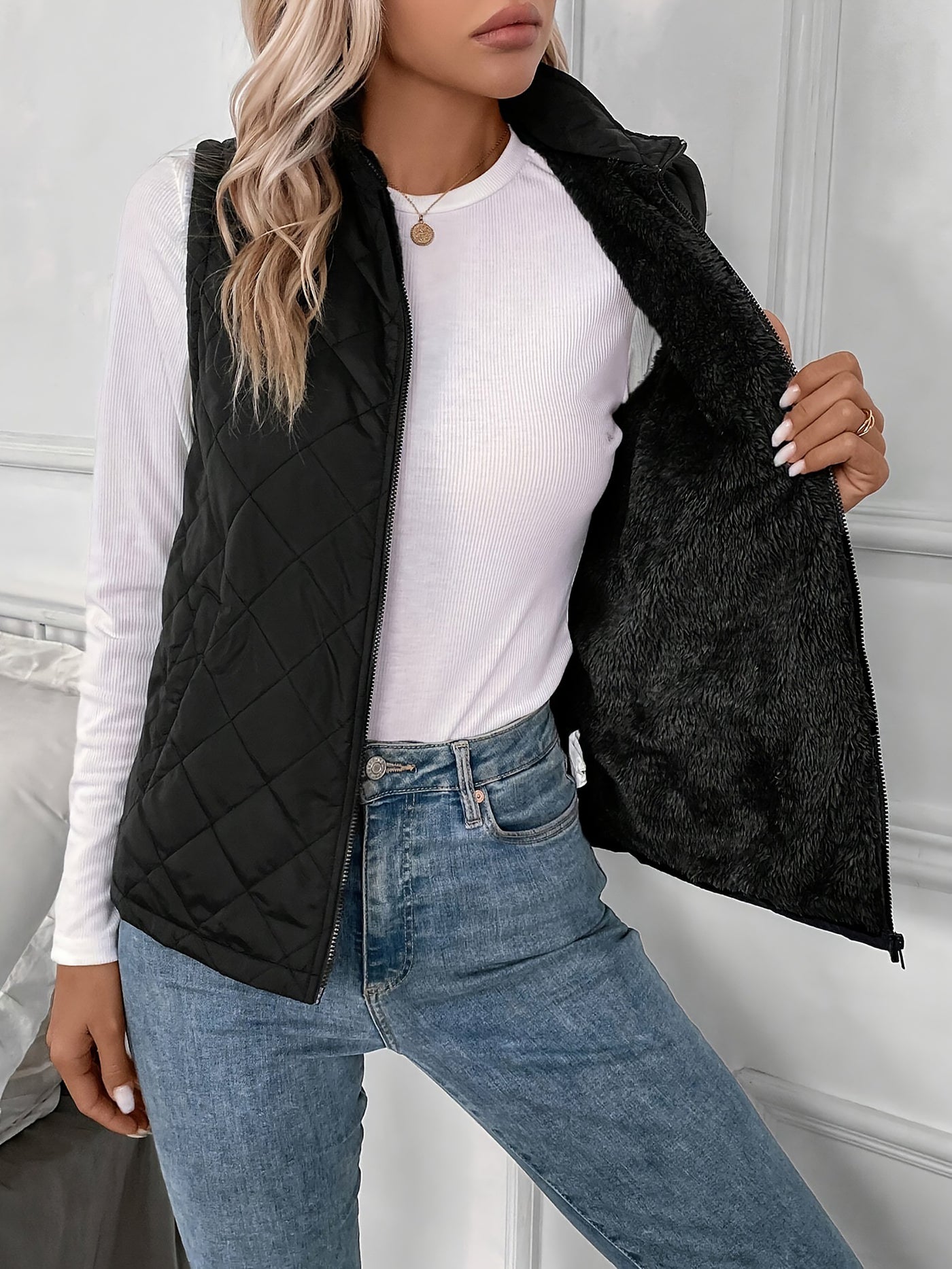 Allegra K Polar Fleece Thermal Sleeveless Quilted Vest