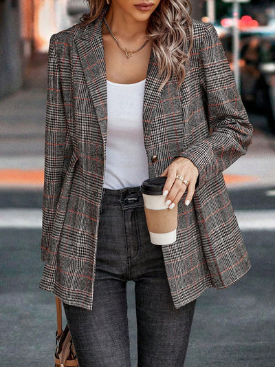 Plaid Notched Lapel Long Sleeves Pleated Peplum Blazer