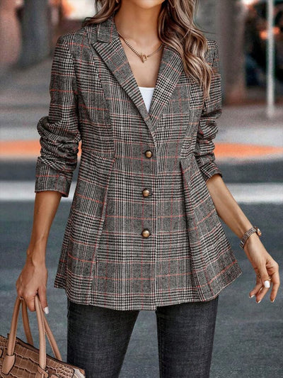 Plaid Notched Lapel Long Sleeves Pleated Peplum Blazer