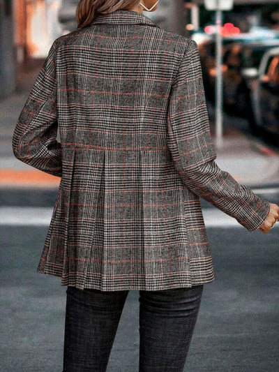 Plaid Notched Lapel Long Sleeves Pleated Peplum Blazer