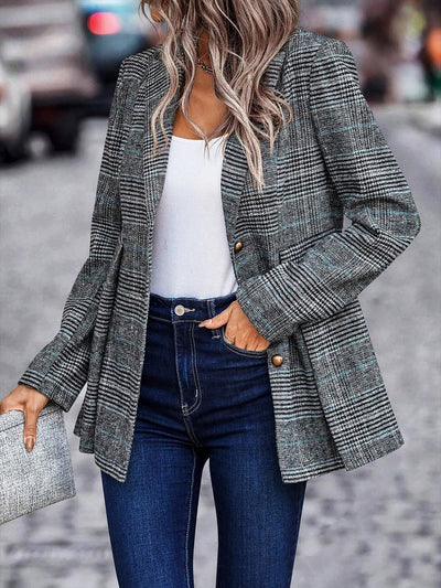 Plaid Notched Lapel Long Sleeves Pleated Peplum Blazer