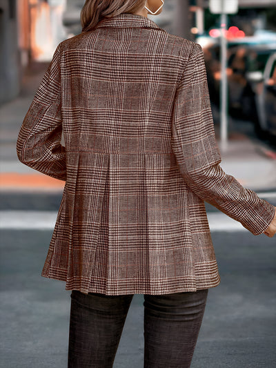 Plaid Notched Lapel Long Sleeves Pleated Peplum Blazer