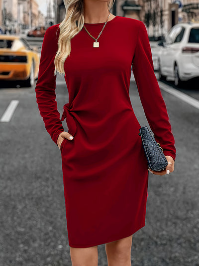 Solid Color Ruched Long Sleeves Midi Dress