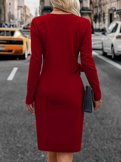 Solid Color Ruched Long Sleeves Midi Dress