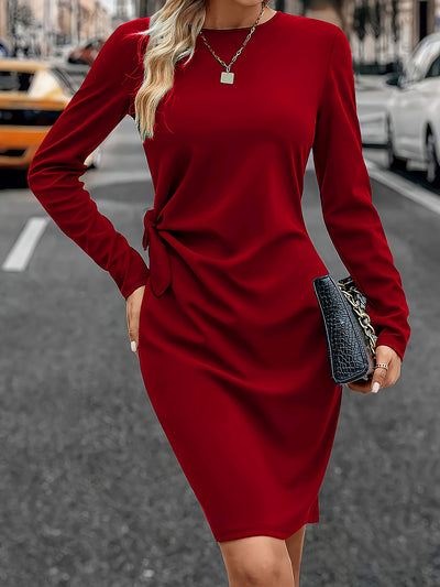 Solid Color Ruched Long Sleeves Midi Dress