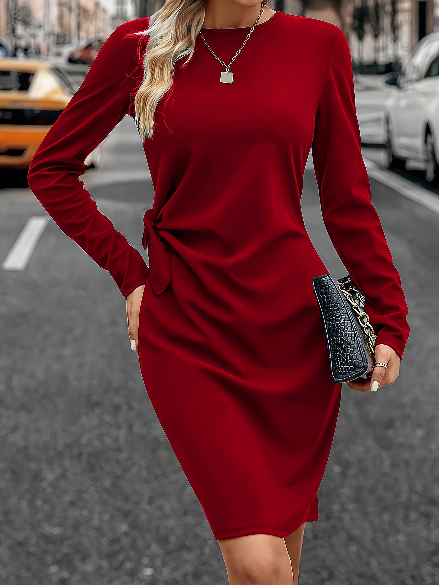 Allegra K Solid Color Ruched Long Sleeves Midi Dress