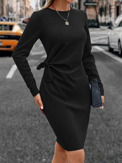 Solid Color Ruched Long Sleeves Midi Dress