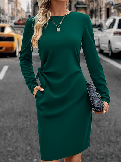 Solid Color Ruched Long Sleeves Midi Dress