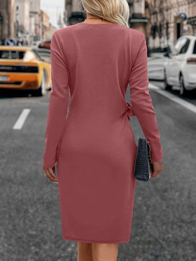 Solid Color Ruched Long Sleeves Midi Dress