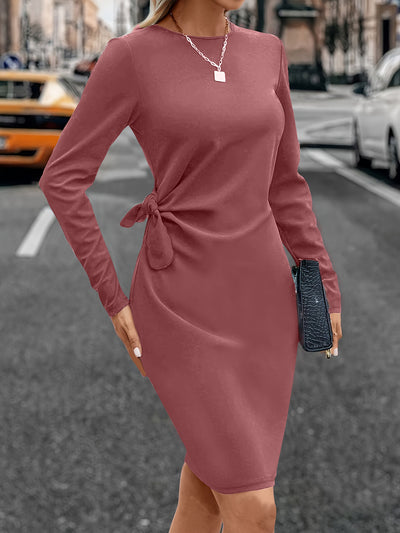 Solid Color Ruched Long Sleeves Midi Dress