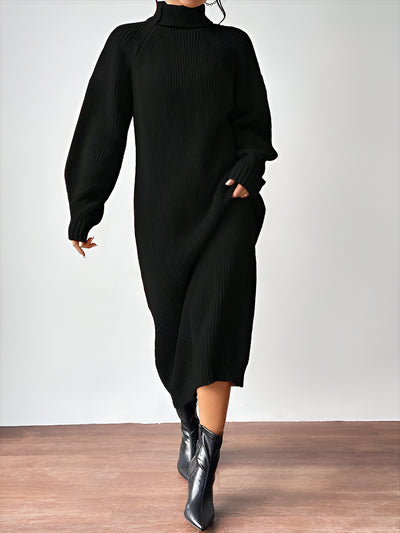 Turtle Neck Long Sleeve Knitted Midi Sweater Dress