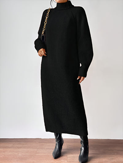 Turtle Neck Long Sleeve Knitted Midi Sweater Dress