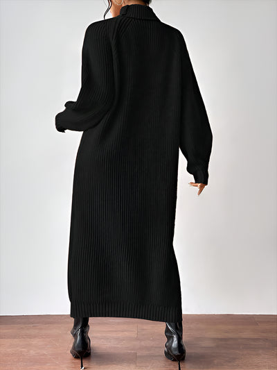 Turtle Neck Long Sleeve Knitted Midi Sweater Dress