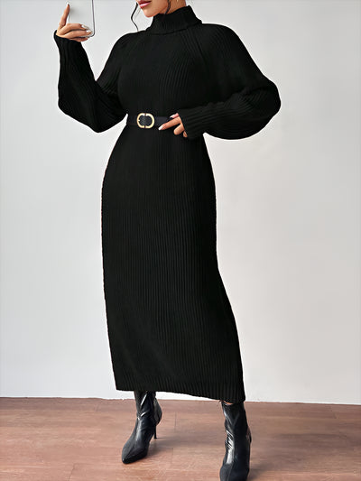 Turtle Neck Long Sleeve Knitted Midi Sweater Dress