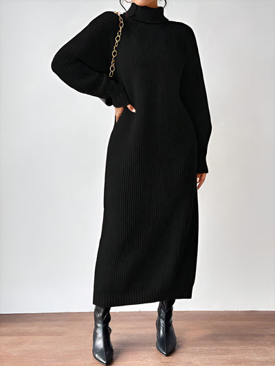 Turtle Neck Long Sleeve Knitted Midi Sweater Dress