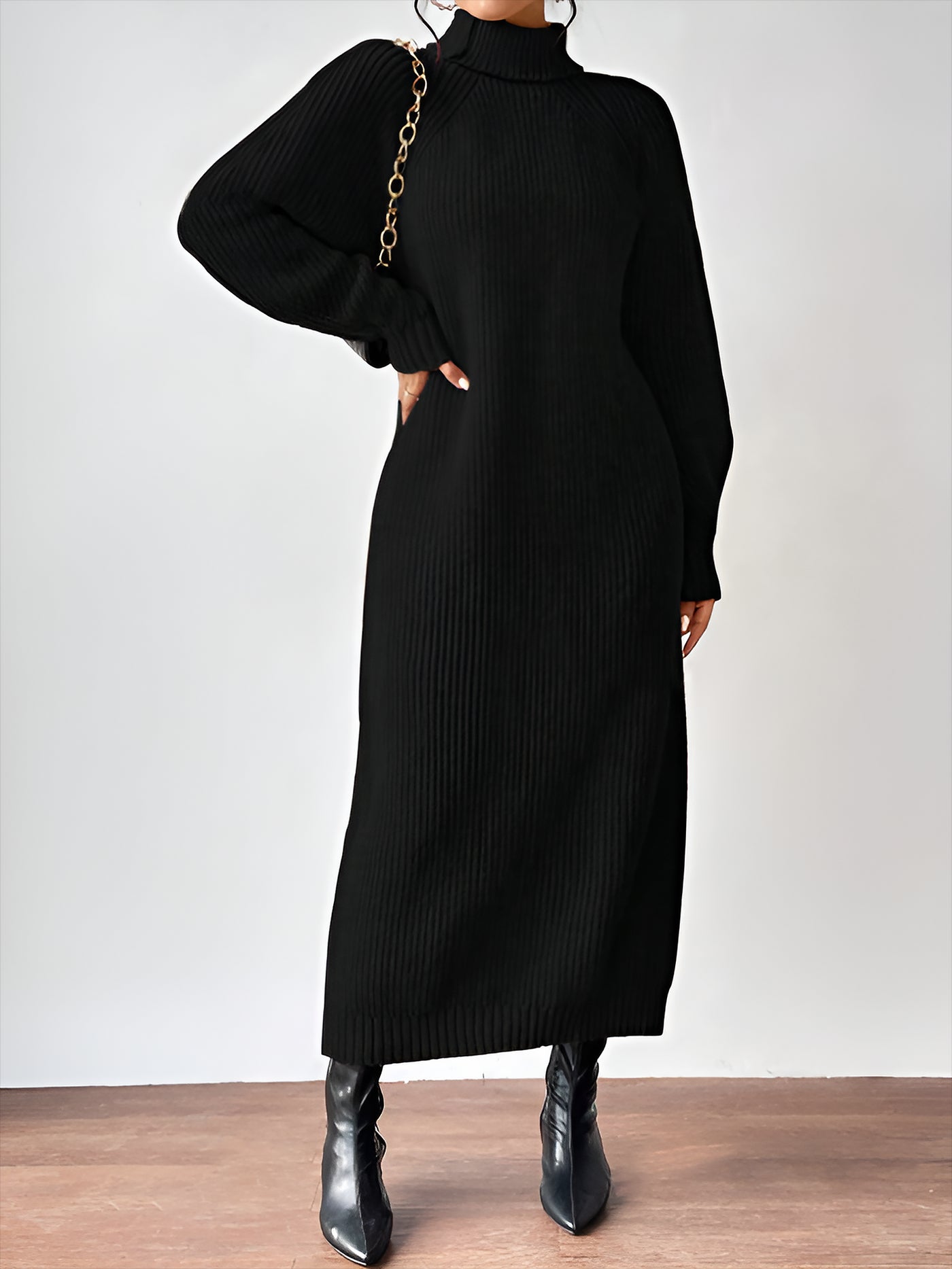 Allegra K Turtle Neck Long Sleeve Knitted Midi Sweater Dress