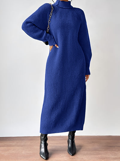 Turtle Neck Long Sleeve Knitted Midi Sweater Dress