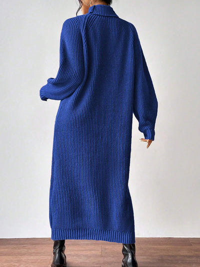 Turtle Neck Long Sleeve Knitted Midi Sweater Dress