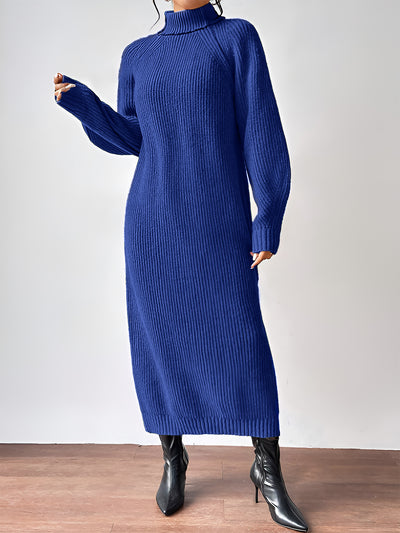 Turtle Neck Long Sleeve Knitted Midi Sweater Dress